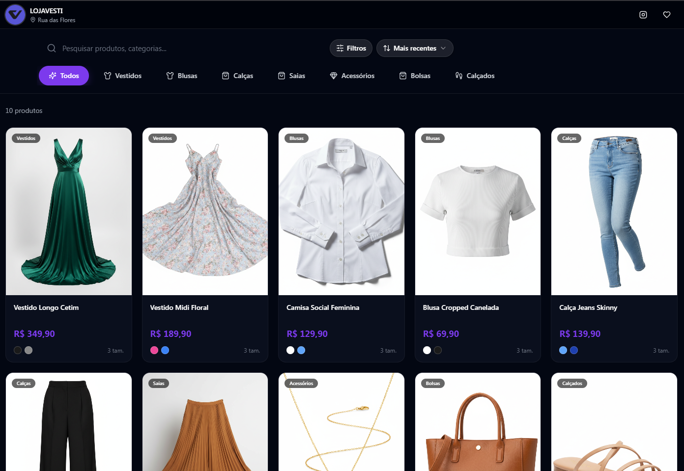 Catálogo online do Vesti com produtos, preços e filtros por categoria
