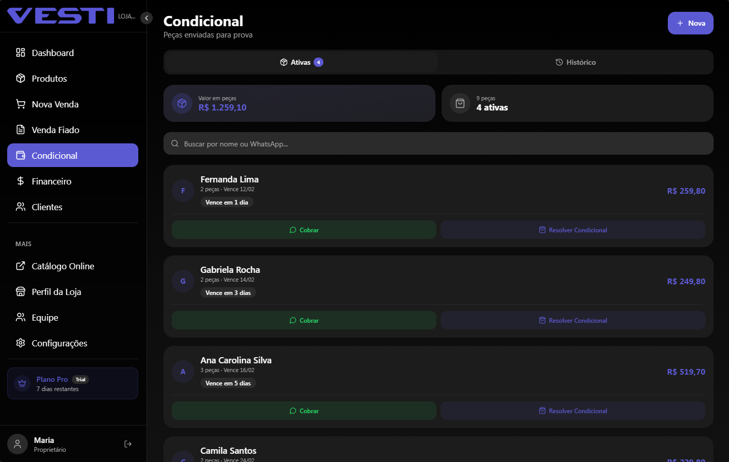 Tela de condicionais do Vesti com peças enviadas e datas de vencimento