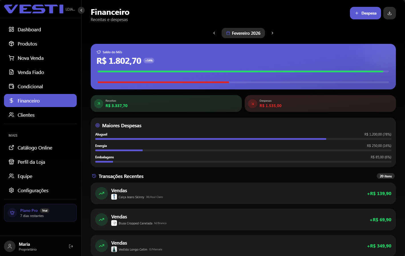 Tela financeira do Vesti com saldo, receitas, despesas e gráficos